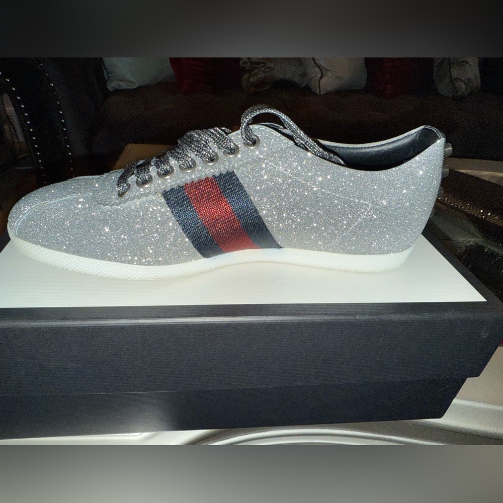 Gucci Silver Glitter Sneakers with Red and Blue Stripes